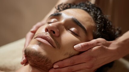 In a peaceful spa environment, a young man experiences a soothing facial treatment. Hands gently massage his face, creating a serene atmosphere perfect for relaxation and self-care - Powered by Adobe