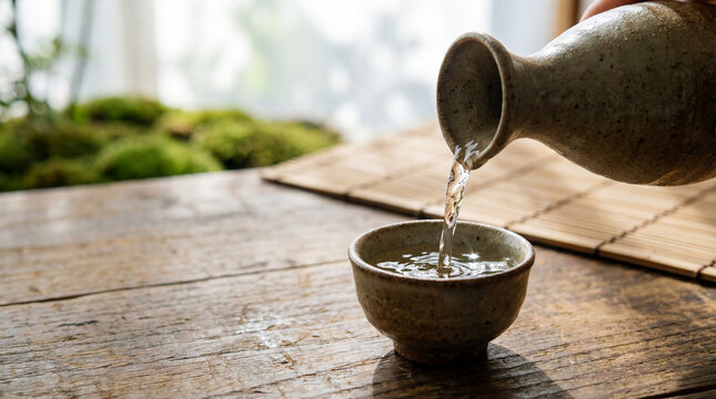 Traditional Japanese sake in tokkuri and ochoko on wooden table on nature background