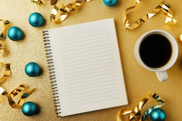 Obraz premium Lined notebook with coffee, golden glitter ribbons, and blue baubles on a golden background, symbolizing new year planning