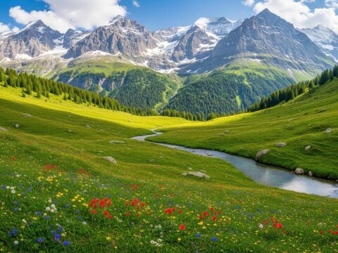 Lush green alpine meadow with wildflowers and winding stream in mountains
