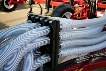 Close-up of agricultural equipment for sowing grain crops.