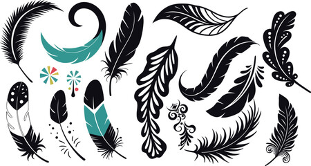 Feather Illustration Vector Set, Decorative Silhouette, Ornamental and Stylized Feathers Collection