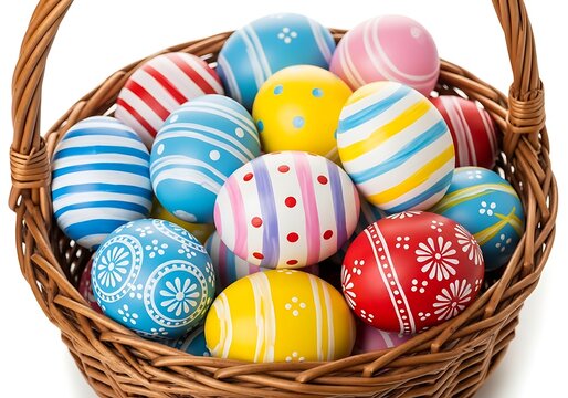 Woven easter basket overflowing with colorful decorated eggs