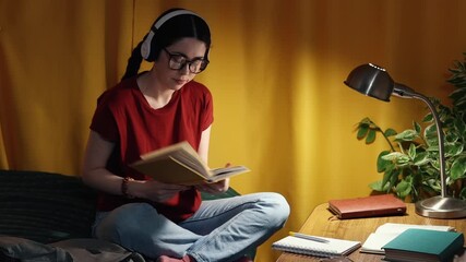 Young Caucasian woman student sits at desk at home wearing headphones studying with laptop and books in cozy evening room preparing for university exams. Mid shot.