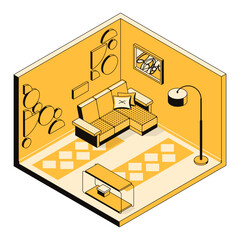 Interior design of a modern living room with a sofa. Cozy room, home, hotel, flat, house, loft, hostel. Apartment template for design studio, architectural business. Vector isometric illustration