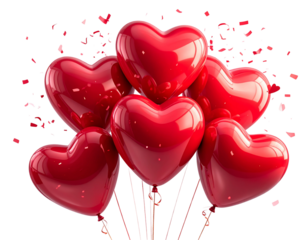 Romantic Cluster of Heart Balloons with Falling Confetti, Side View, transparent background.