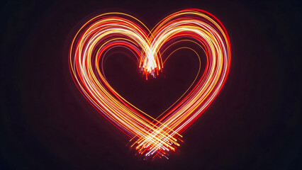 Glowing heart-shaped light painting on a dark background with vibrant neon lines