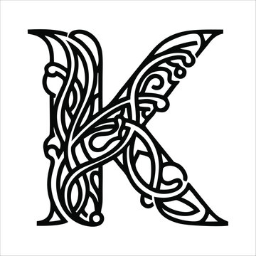 Detailed illustration of the letter K, adorned with Celtic knot patterns and flowing lines, creating an elegant and decorative design.