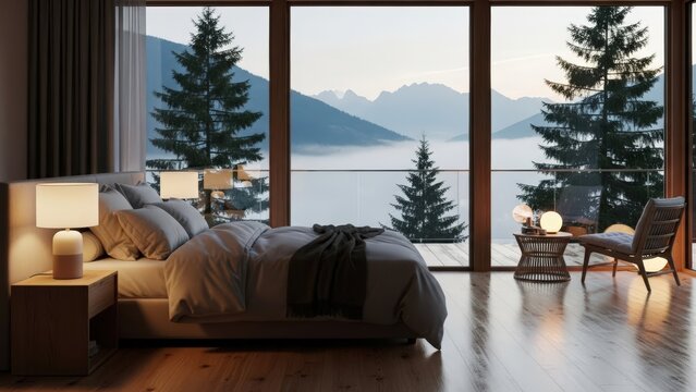 Serene Bedroom Retreat with Panoramic Mountain and Lake Views.