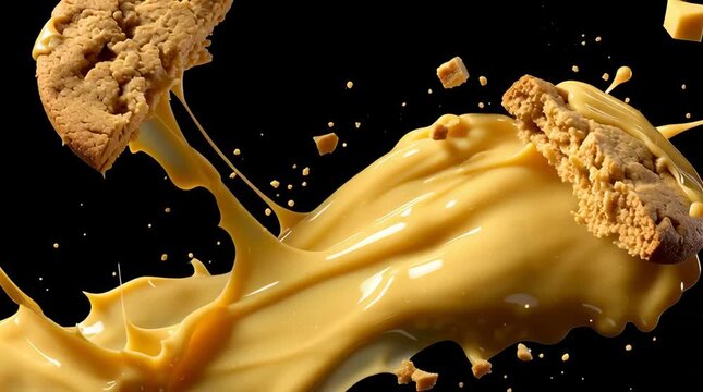 A fragmented cookie and flowing caramel explode in a dynamic display, set against a black backdrop