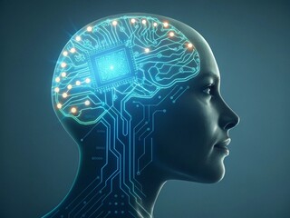 Fototapeta premium Humanoid AI Interface Concept with Integrated Circuitry Brain and Neural Networks