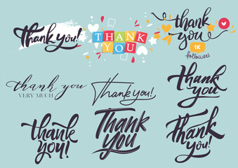 Thank you vector typography set, featuring various hand-drawn lettering styles to express appreciation and gratitude