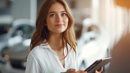 A young woman customer holds a clipboard while discussing options at a bright and inviting car dealership. Her smile reflects enthusiasm and interest in her choice of vehicle