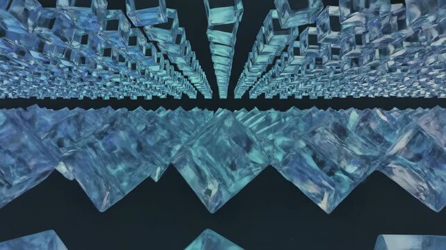 Field of floating translucent three-dimensional cubes smoothly shifting and flowing across the frame demonstrating fluid structural harmony structure, wave, crystal