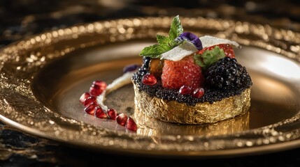 Exquisite Dessert Presentation - A Culinary Masterpiece on a Golden Plate.