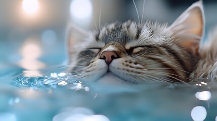 Peaceful tabby cat sleeping on blue water surface with dreamy bokeh lights, creating serene atmosphere for pet care and relaxation themes.
