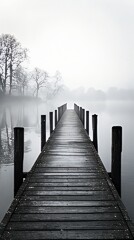 Fototapeta premium A black and white photo of a wooden pier disappearing into the fog