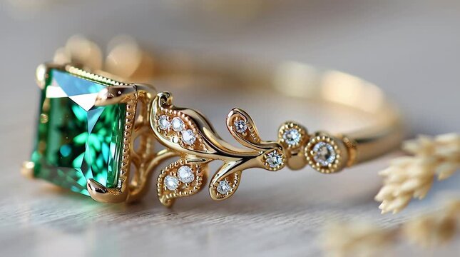 A gold ring with emerald cut green gemstone and floral details, diamonds, light beige table