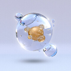 A realistic 3D macro rendering illustrating a clear, cosmetic serum or moisture essence drop resting on and penetrating a highly magnified, quilted surface, symbolizing the skin's texture.