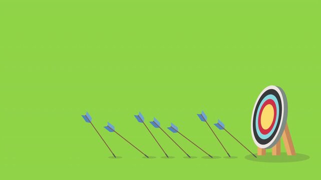 Business challenge failure and success concept. Blue arrows missed hitting target and only red one hits the center.