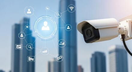 Security camera monitors digital network interface against city backdrop.