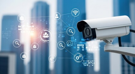 Security camera monitors digital network connections over a city background.
