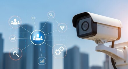 Security camera monitors city with digital network interface overlay