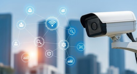 Security camera overlays digital network icons above blurred city buildings.