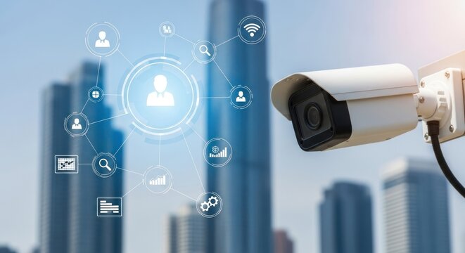 Security camera monitors digital network interface against city backdrop. - Powered by Adobe