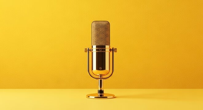 Golden vintage microphone centered against a bright yellow background. - Powered by Adobe