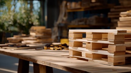A workshop where pallets are being disassembled for reclaimed wood projects, boards neatly stacked and tools arranged on a bench — circular economy design, pallet recycling, and sustainable