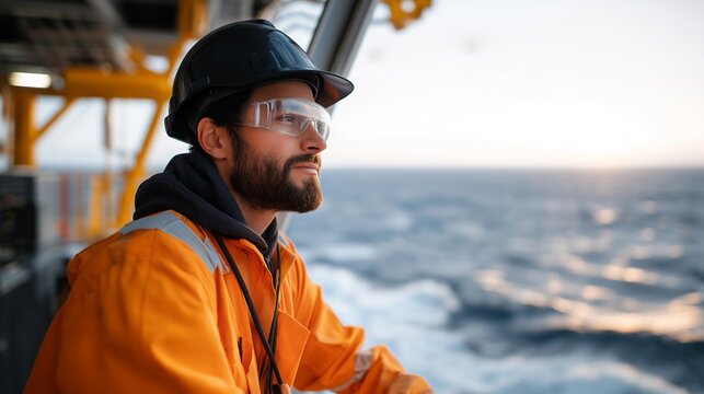 An engineer climbing a large offshore oil rig platform at dawn, waves crashing below while digital gauges on safety gear display real-time data — industrial engineering, offshore energy - Powered by Adobe