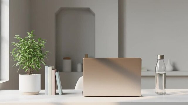 Modern workspace setup with laptop and plant on white desk