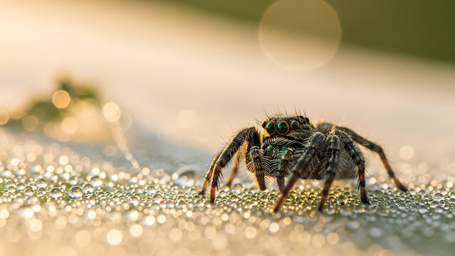 Close-up of jumping spider on dewy grass in morning light