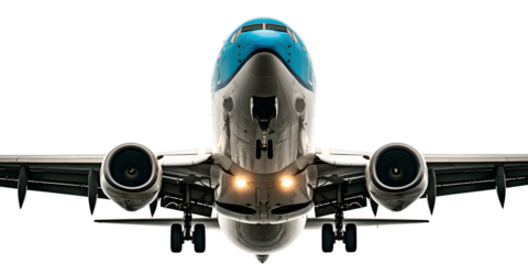 Commercial airplane with landing gear deployed and bright lights, frontal view isolated on white background