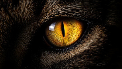 Close-up of a cat's intense yellow eye with detailed texture