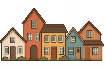 Line of flat design houses depicting a cozy residential street, conveying themes of village life, real estate, and property