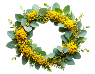  Yellow Eucalyptus Spring Wreath with Soft Greenery, Front View, Isolated on Transparent Background.