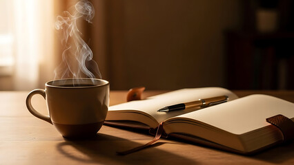 Cozy morning scene with steaming coffee and open notebook
