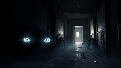Dark mysterious hallway with glowing eyes and open door