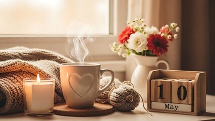 Cozy morning scene with coffee, candle, and flowers by window