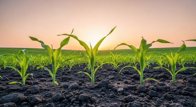 Young corn plants emerging from dark soil bathed in soft morning light across a vast agricultural field