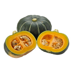Japanese kabocha squash and its cross section isolated on transparent background used for food ingredients and healthy recipes
