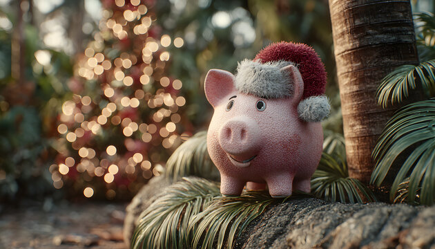 Red piggy bank with santa hat sits on palm near festive xmas tree with blurry warm lights. Person plans holiday budget saving money for gifts presents shopping. - Powered by Adobe