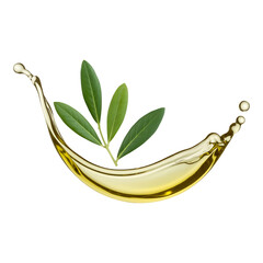 Olive oil splash with fresh olive leaves isolated on transparent background used for cosmetic packaging or food advertising