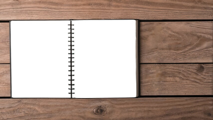 Open blank notebook on wooden table with copy space for design