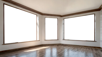 Spacious interior room with large windows and natural light, copy space