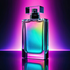 Colorful perfume bottle with vibrant lighting and reflective surface