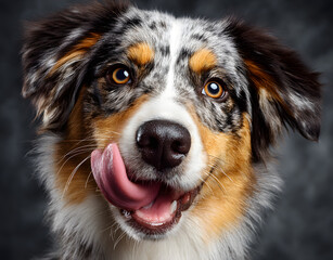 Australian shepherd dog sticking out its tongue and lick its self on white background