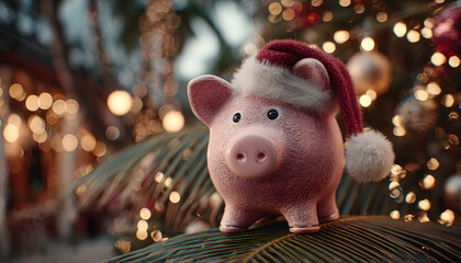 Red piggy bank with santa hat sits on palm near festive xmas tree with blurry warm lights. Person plans holiday budget saving money for gifts presents shopping.